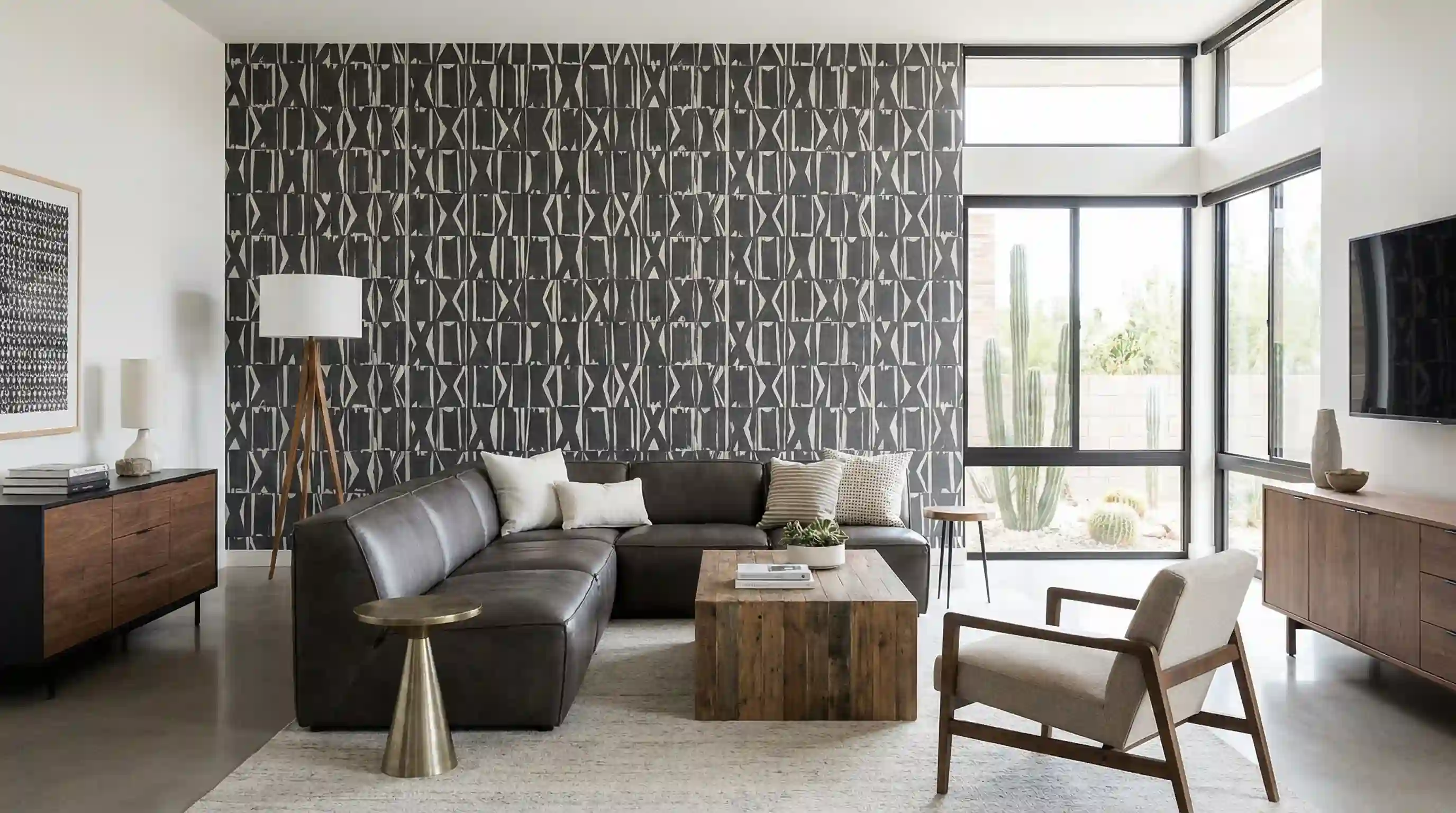 Modern living room with a dark geometric patterned feature wall, a black sectional, wood furniture, and tall windows.