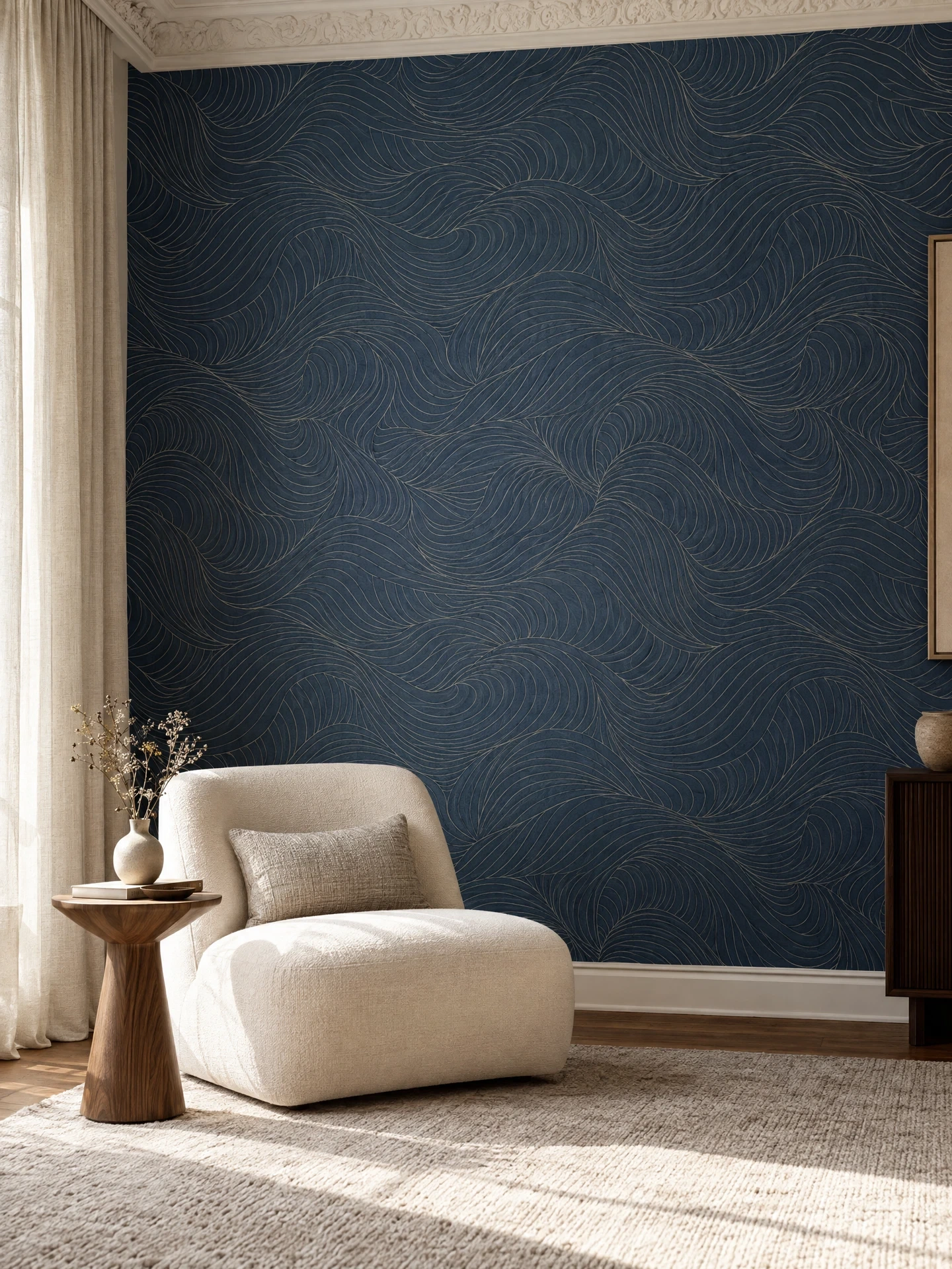 Indigo wallpaper with a fine flowing cream line pattern behind an ivory chair and walnut side table.