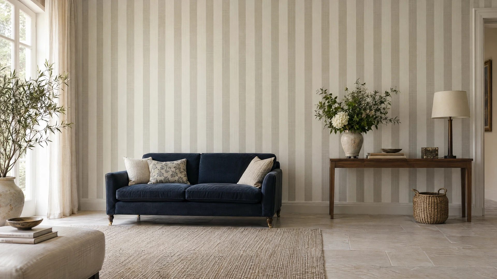 Fine ivory and taupe striped wallpaper in a bright sitting room with a dark blue sofa.